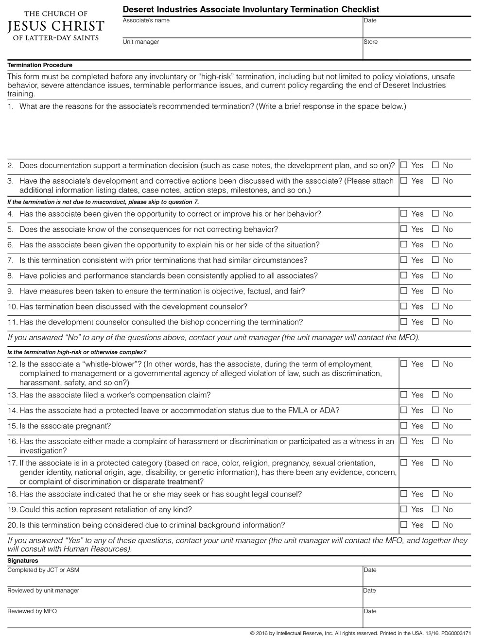 Associate involuntary termination checklist