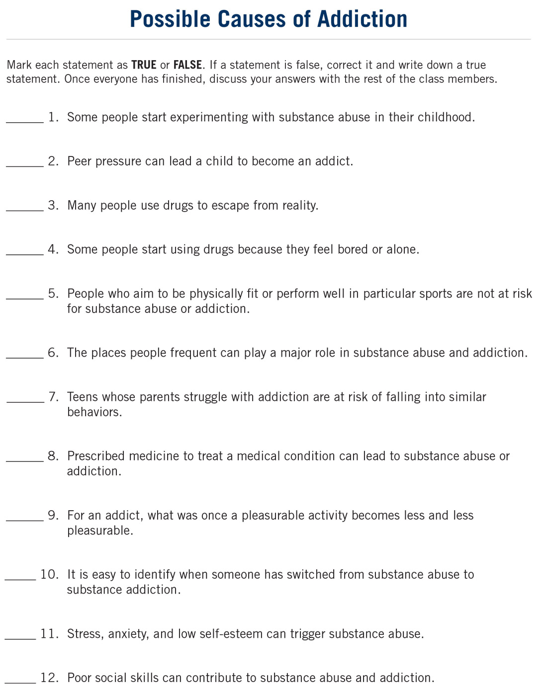 Possible Causes of Addiction Worksheet